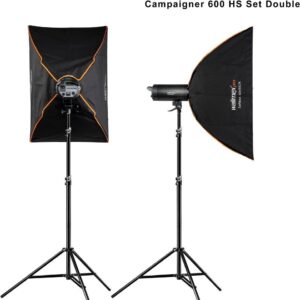 Walimex pro Campaigner 600 HS Set Double mit Integriertem 2.4 GHz Empfänger, 600 Ws, Schnelle Abbrennzeit, LED-Einstelllicht Und Benutzerfreundliches Bedienpanel, Hochwertiger Aluminium-Finish (1023384)