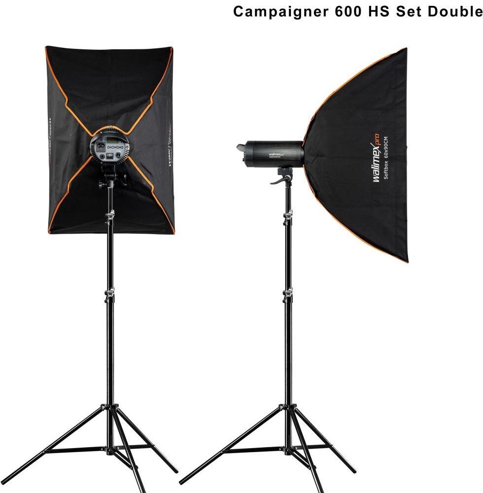 Walimex pro Campaigner 600 HS Set Double mit Integriertem 2.4 GHz Empfänger, 600 Ws, Schnelle Abbrennzeit, LED-Einstelllicht Und Benutzerfreundliches Bedienpanel, Hochwertiger Aluminium-Finish (1023384)