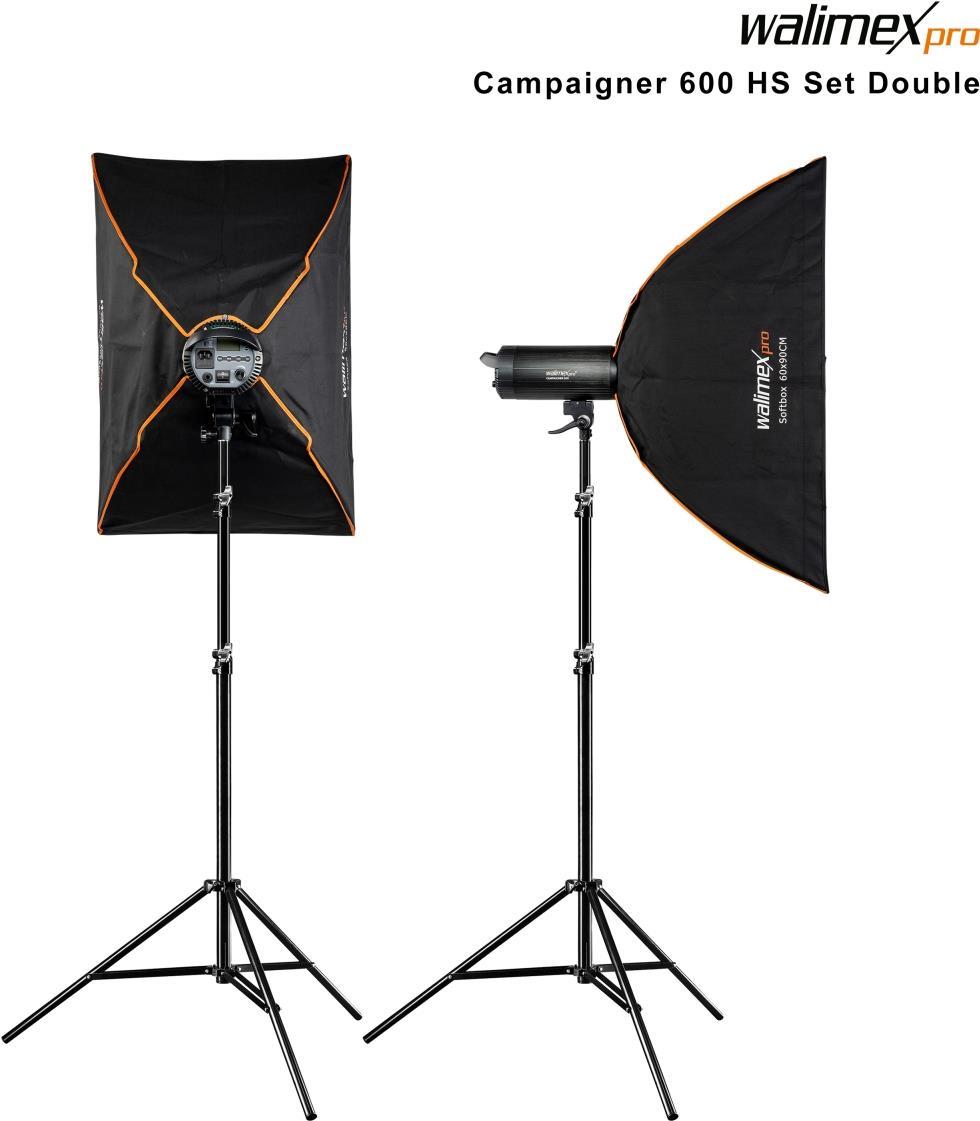 Walimex pro Campaigner 600 HS Set Double mit Integriertem 2.4 GHz Empfänger, 600 Ws, Schnelle Abbrennzeit, LED-Einstelllicht Und Benutzerfreundliches Bedienpanel, Hochwertiger Aluminium-Finish (1023384)