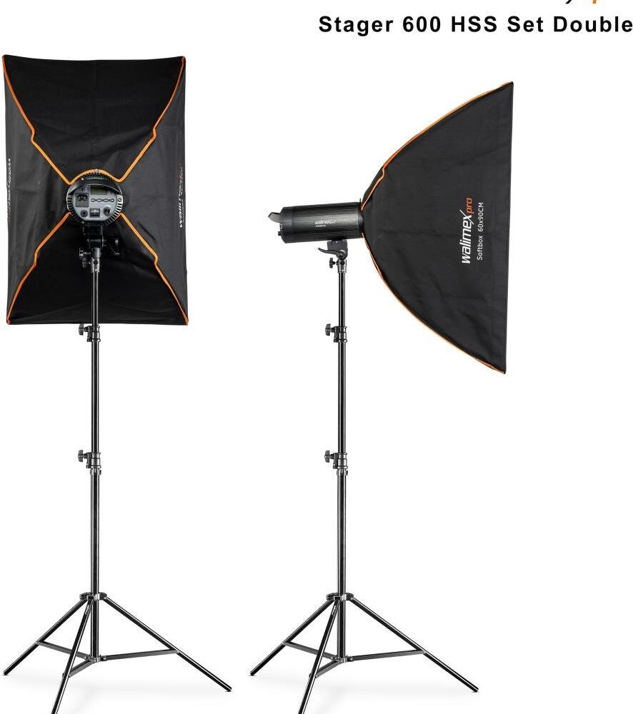 Walimex Pro Stager 600 HSS Set Double - leistungsstarker Studioblitz mit 2,4 GHz Empfänger, HSS-Modus, 600 Ws, kurze Abbrennzeit, LED-Einstelllicht, für Profifotografen (1023388)