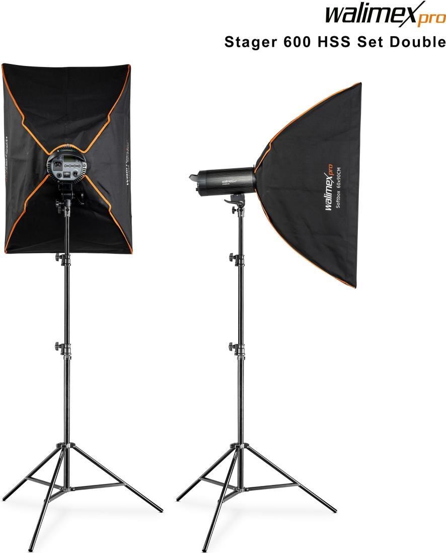 Walimex Pro Stager 600 HSS Set Double - leistungsstarker Studioblitz mit 2,4 GHz Empfänger, HSS-Modus, 600 Ws, kurze Abbrennzeit, LED-Einstelllicht, für Profifotografen (1023388)