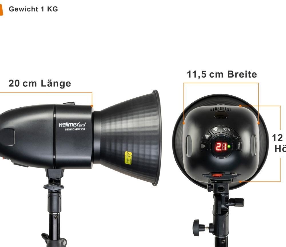 Walimex pro Newcomer 300 Studioblitz II - 300 Ws Blitzleistung, auslösen per Funk 2,4GHz, LED-Einstelllicht, Blitzdauer 1/800-1/1200s, Bowens/walimex pro-Anschluss, ideal für kleine Studios (1023403)