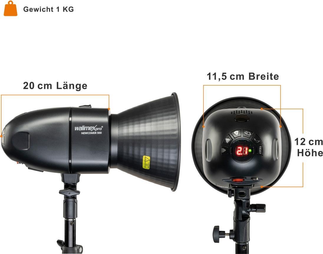 Walimex pro Newcomer 300 Studioblitz II - 300 Ws Blitzleistung, auslösen per Funk 2,4GHz, LED-Einstelllicht, Blitzdauer 1/800-1/1200s, Bowens/walimex pro-Anschluss, ideal für kleine Studios (1023403)