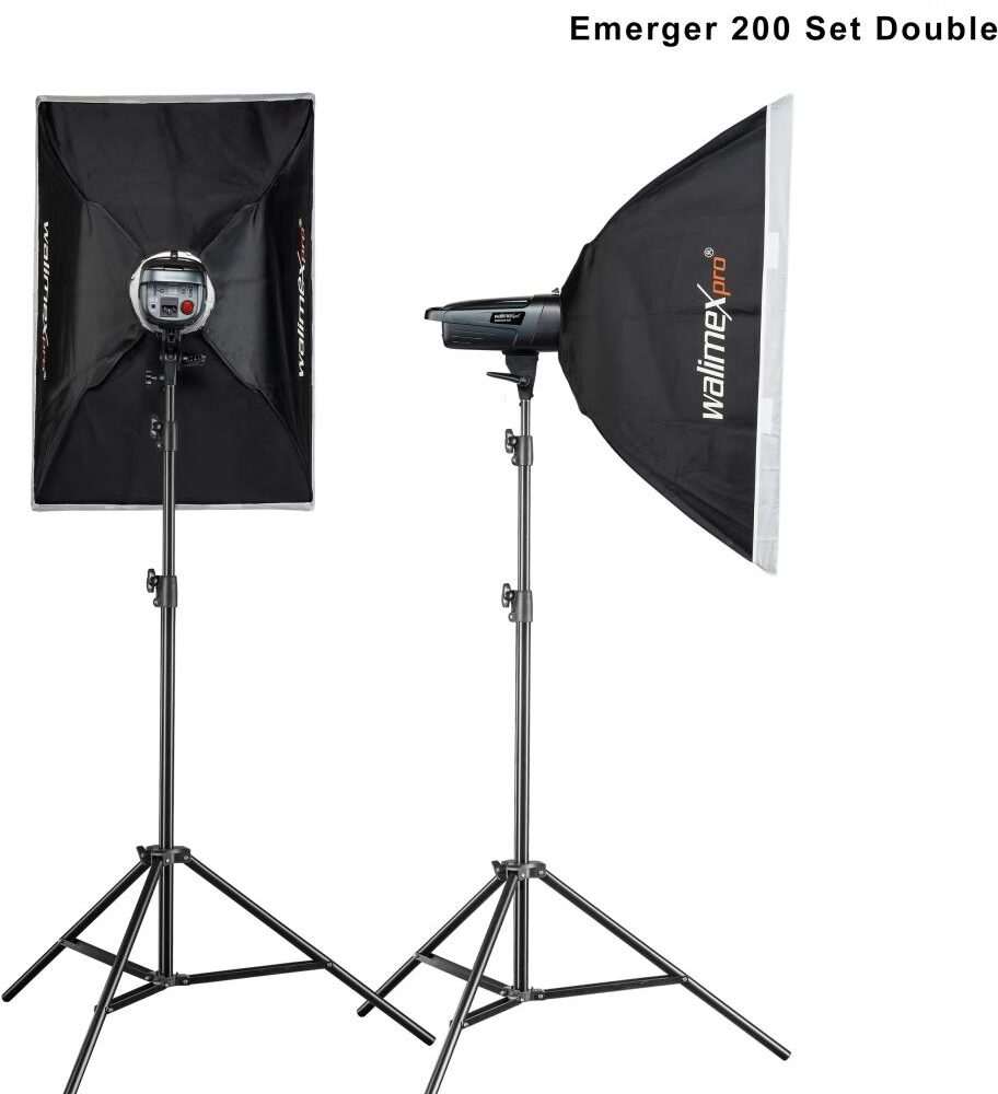 Walimex pro Emerger 200 Set Double - leistungsstarke Studio Blitzleuchte mit 2,4 GHz Empfänger, 200 Ws, kurzer Wiederaufladezeit, LED-Einstelllicht, 16 Kanäle und 4 Gruppen, kompakt und mobil (1023378)