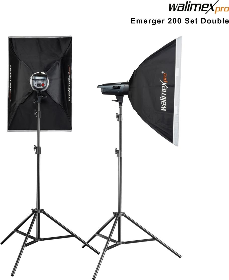 Walimex pro Emerger 200 Set Double - leistungsstarke Studio Blitzleuchte mit 2,4 GHz Empfänger, 200 Ws, kurzer Wiederaufladezeit, LED-Einstelllicht, 16 Kanäle und 4 Gruppen, kompakt und mobil (1023378)