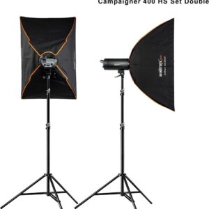 Walimex pro Campaigner 400 HS Set Double mit integriertem 2.4 GHz Empfänger, 400 Ws, Schnelle Abbrennzeit, LED-Einstelllicht Und Benutzerfreundliches Bedienpanel, Hochwertiger Aluminium-Finish (1023382)