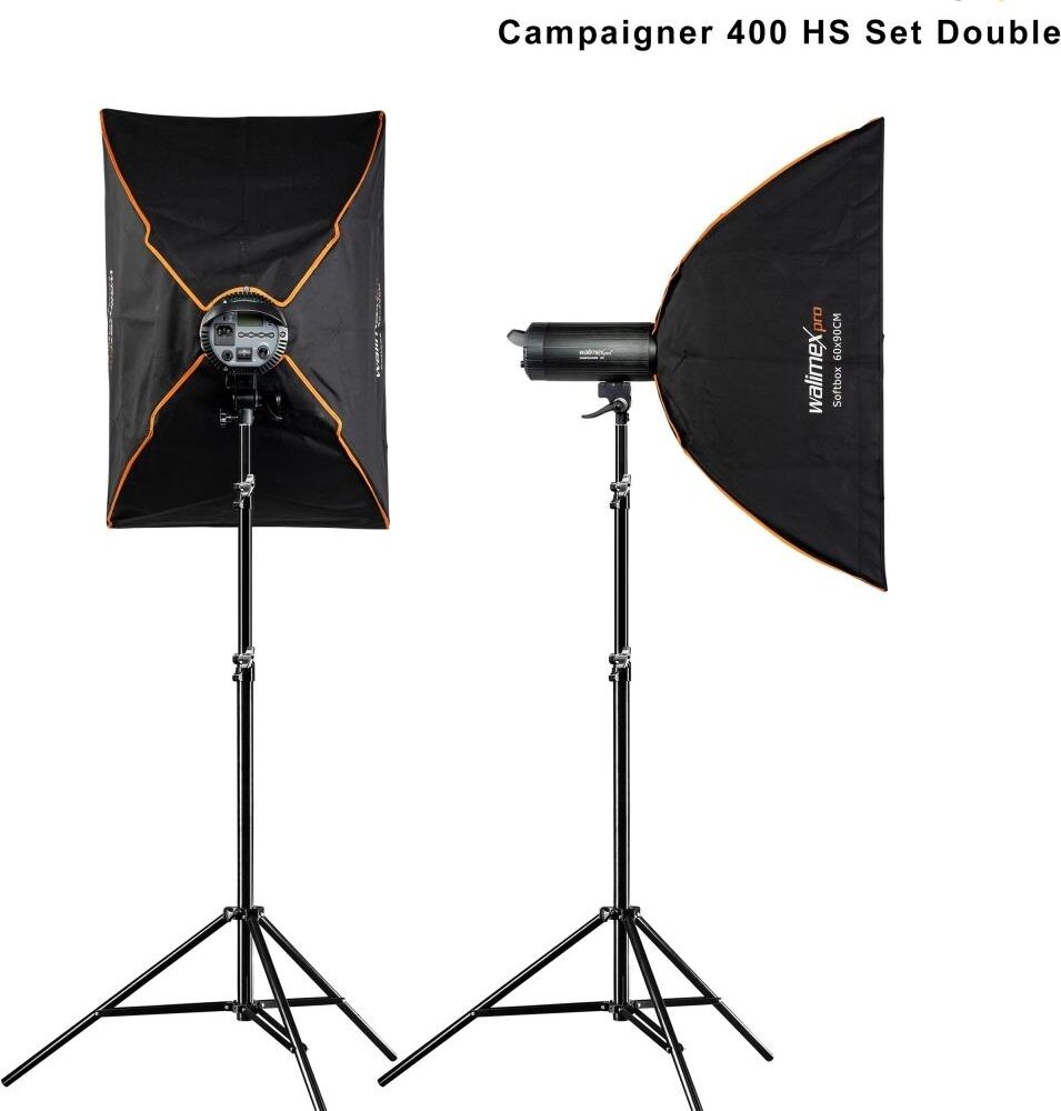 Walimex pro Campaigner 400 HS Set Double mit integriertem 2.4 GHz Empfänger, 400 Ws, Schnelle Abbrennzeit, LED-Einstelllicht Und Benutzerfreundliches Bedienpanel, Hochwertiger Aluminium-Finish (1023382)