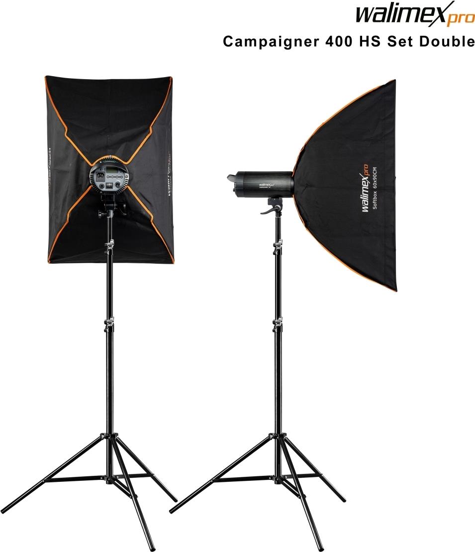 Walimex pro Campaigner 400 HS Set Double mit integriertem 2.4 GHz Empfänger, 400 Ws, Schnelle Abbrennzeit, LED-Einstelllicht Und Benutzerfreundliches Bedienpanel, Hochwertiger Aluminium-Finish (1023382)