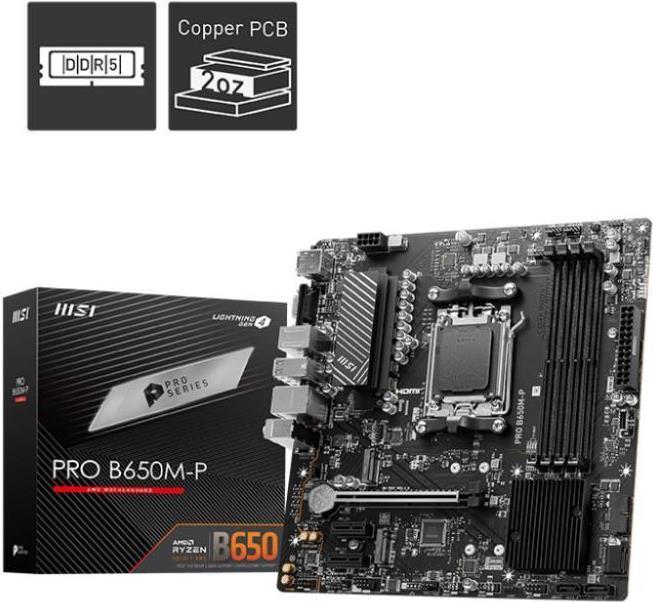 MSI PRO B650M-P - Motherboard - micro ATX - Socket AM5 - AMD B650 Chipsatz - USB-C 3,2 Gen 2x2, USB 3,2 Gen 2, USB 3,2 Gen 1 - 2,5 Gigabit LAN - Onboard-Grafik (CPU erforderlich) - HD Audio (8-Kanal) (7E27-001R)