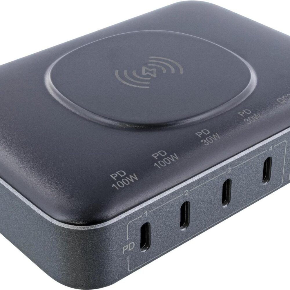 InLine® Qi Powerstation Multiport, Netzteil, Ladegerät, 4x USB Typ-C, 2x USB Typ-A, GaN, 100W, Wireless charging 15W, schwarz (31517K)