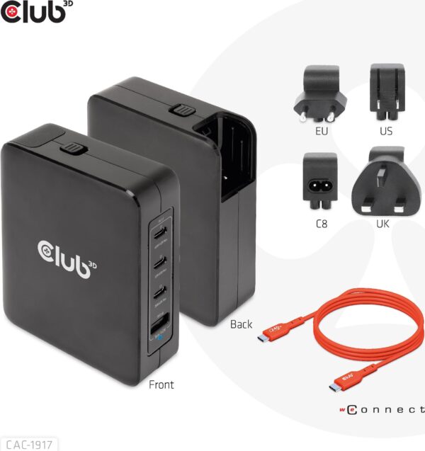 Club 3D CAC-1917 - Netzteil - GaN-Technologie - 140 Watt - 5 A - Power Delivery 3.1, PD/PPS - 4 Ausgabeanschlussstellen (USB, 3 x USB-C) - auf Kabel: USB-C - International