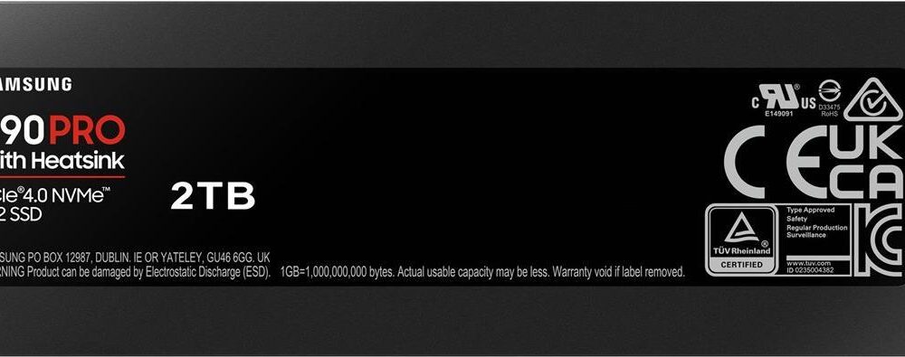 Samsung 990 PRO MZ-V9P2T0GW - SSD - verschlüsselt - 2TB - intern - M.2 2280 - PCIe 4,0 x4 (NVMe) - 256-Bit-AES - TCG Opal Encryption 2,0 - integrierter Kühlkörper - für Sony PlayStation 5 (MZ-V9P2T0GW)
