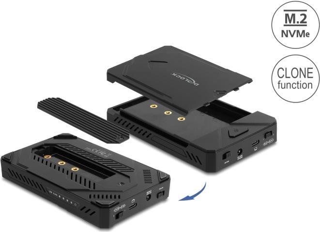 Delock - Speichergehäuse - für 1 x M.2 NVMe SSD + 1 x 2.5" SATA SSD / HDD, USB Typ C, mit Klonfunktion - 2.5", M.2 (6,4 cm) - M.2 NVMe Card / SATA 6Gb/s - USB4 - Schwarz (42020)