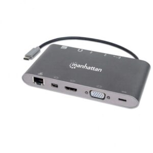 Manhattan 152808 replicatore di porte e docking station per laptop Cablato USB 3.2 Gen 1 [3.1 Gen 1] Type-C Argento (USB-C DOCK/HUB/READER 8-PORT- - AUD/HDMI/RJ45/USB-A/USB-C/VGA PD)