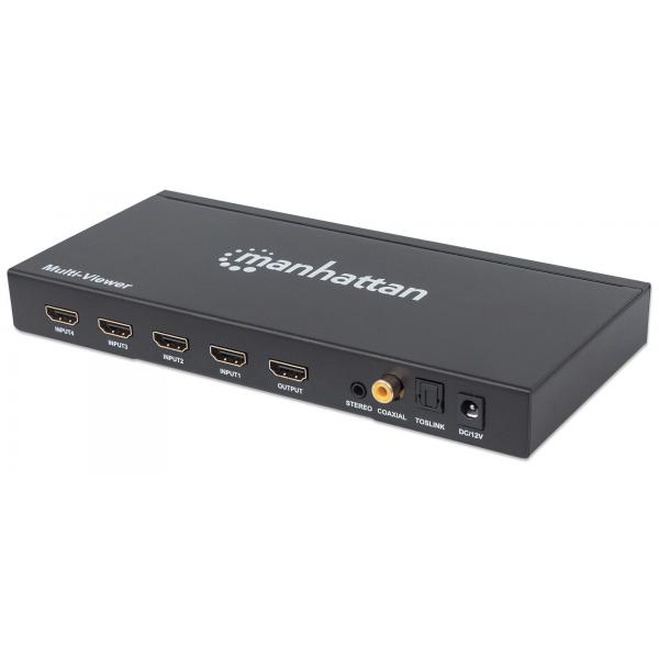 Manhattan 207881 conmutador de vídeo HDMI (1080P 4-Port Hdmi Multiviewer - Switch, Switch With Four - Inputs On One Display, Video Bandwidth Amplifier, Remote Control, Black, Three - Warranty: 12M)