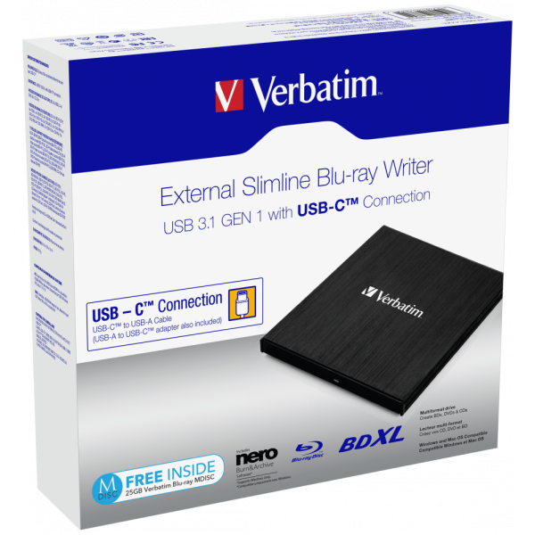 Verbatim 43889 lettore di disco ottico Blu-Ray RW Nero (VERBATIM EXTERNAL SLIMLINE BLU-RAY WRITER USB 3.1 GEN 1)