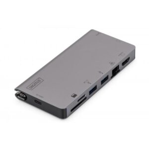 Digitus Dock da viaggio multiporta USB Type-C™, 8 porte (USB-C Multiport Travel Dock, - 8 Port, gray 2x video, 2x USB - C, 2x USB3.0, RJ45,2x card reader)