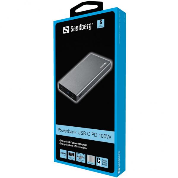 Sandberg Powerbank USB-C PD 100W 20000 (Powerbank USB-C PD 100W 20000 - Powerbank USB-C PD 100W - 20000, Grey, Mobile phone/Smartphone,Notebook/Netbook,Tablet, Aluminium, - Warranty: 60M)