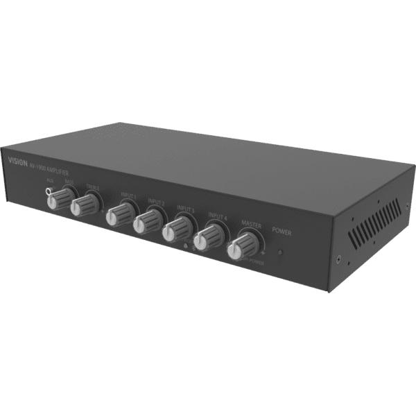 Vision AV-1900 amplificatore audio Casa Nero (2 x 50w [RMS at 8 Ohms] - RS-232 - Bluetooth [renameable, set pin] - 4 x inputs each either line-level or Mic [balanced with trim adjustment and switchable phantom power] - pre-mix line out - rack mount - can drive two pairs of speakers - black)