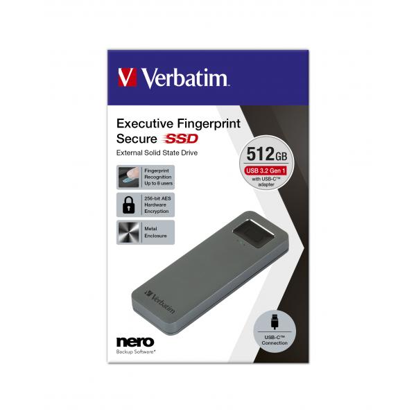 Verbatim 53656 unità esterna a stato solido 512 GB USB tipo-C 3.2 Gen 1 [3.1 Gen 1] Grigio (Verbatim Executive Fingerprint Secure SSD USB3.2Gen 512GB Gy)