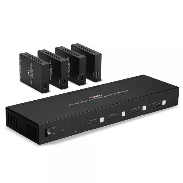 Lindy 38328 moltiplicatore AV Trasmettitore e ricevitore AV Nero (70m Cat.6 4x4 HDMI 4K60 & IR - Matrix Extender - Warranty: 24M)