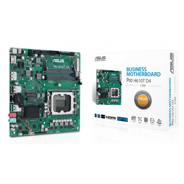 ASUS Pro H610T D4-CSM Intel H610 LGA 1700 mini ITX (ASUS Pro H610T D4-CSM - Motherboard - Thin mini ITX - LGA1700 Socket - H610 Chipset - USB 3.2 Gen 1, USB 3.2 Gen 2 - Gigabit LAN - onboard graphics [CPU required] - HD Audio [8-channel])