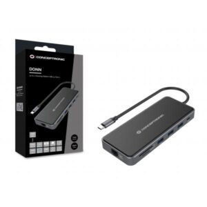 Conceptronic DONN15G replicatore di porte e docking station per laptop Cablato USB 3.2 Gen 1 [3.1 Gen 1] Type-C Grigio (Conceptronic DONN15G DONN 12-in-1 Docking Station USB 3.2 Gen 1; HDMI x 2; VGA; USB-C Data; USB 3.0 x 2; USB 2.0; SD; TF/MicroSD; Audio; GbE; 100W USB PD - 12-in-1 USB-C to HDMI/VGA/USB-C PD/USB-C data/USB 3.0/USB 2.0/SD/TF/GbE/AUX multiport adapter; Supports HDMI resolution up to 4K 30Hz; Supports VGA resolution up to 1080P 60Hz; Support VGA & HDMI simultaneously; Supports US