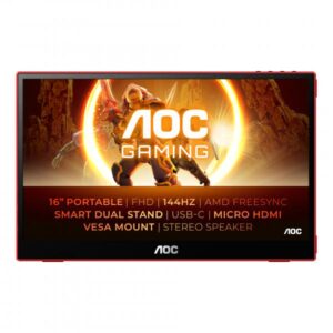 AOC 16G3 TV e monitor portatile Nero, Rosso 39,6 cm [15.6] TFT 1920 x 1080 Pixel (AOC Gaming 16G3 - LED monitor - 15.6 - portable - 1920 x 1080 Full HD [1080p] @ 144 Hz - IPS - 250 cd/m? - 1000:1 - 4 ms - HDMI, Micro HDMI, USB-C - speakers - black, red)