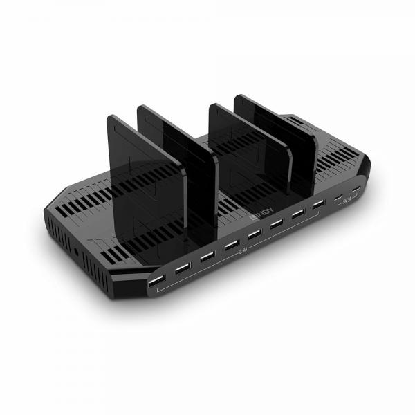 Lindy 73435 Caricabatterie per dispositivi mobili Smartphone, Tablet Nero AC Ricarica rapida Interno (Lindy 120W 10 Port USB Charging Station 8 x USB Type A Ports 5V 2.4A and 2 x USB Type-C Ports 5V 3A,)