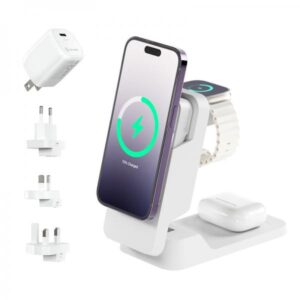 ALOGIC MFPB5KM-G Caricabatterie per dispositivi mobili Auricolare, Smartphone, Orologio intelligente Bianco USB Carica wireless Ricarica rapida Interno (ALOGIC MATRIX FOLD 3-IN-1 - TRAVEL CHARGER WITH 5000MAH MAGS)