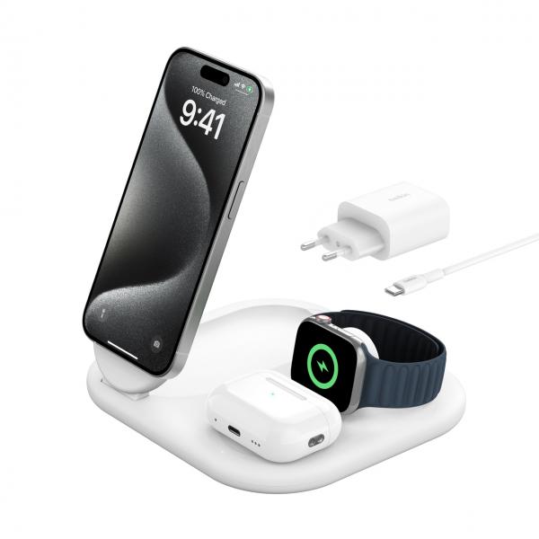 Belkin BoostCharge Cuffie, Smartphone, Orologio intelligente Bianco USB Carica wireless Ricarica rapida Interno (WIRELESS BOOSTCHARGE QI2 - MAGNETIC 3-IN-1 CHARGING STATION)