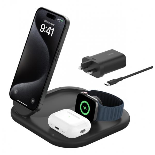 Belkin WIZ029MYBK Caricabatterie per dispositivi mobili Nero (15W Qi2 3in1 WirelessfoldCharge Stnd Blk)