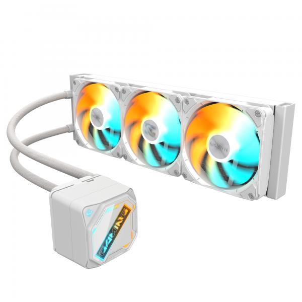 GIGABYTE GAMING 360 ICE Raffreddamento Liquido per CPU - 3x120 mm Ventole ARGB, Meccanismo di bloccaggio a scorrimento, DAISY-CHAIN, Compatibile con Intel LGA 1851 e AMD AM5 (GIGABYTE GP-GIGABYTE GME ICE 360 All-in-One Liquid CPU Cooler â?? 360mm Radiator, ARGB Lighting, Teflon Tubing, and Magnetic Rotating Cover)