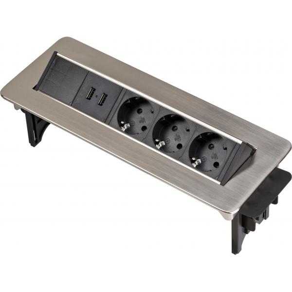 Indesk-Power versenkbare Steckdosenleiste 3-fachsilver/ black , 2 Meter, 2x USB