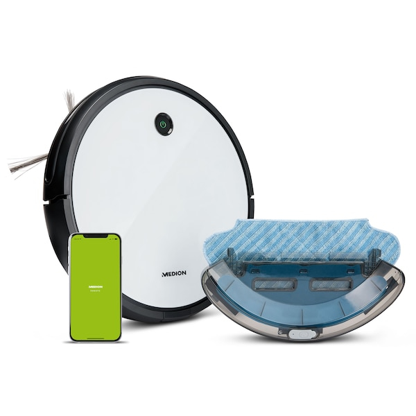 Medion md 19601 aspirapolvere robot 0.5l senza sacchetto spazzola a rullo e spazzola laterale autonomia 100 min controllo wifi bianco nero