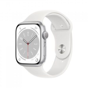 Apple watch series 8 gps cassa 45 mm in alluminio color argento con cinturino sport regular bianco