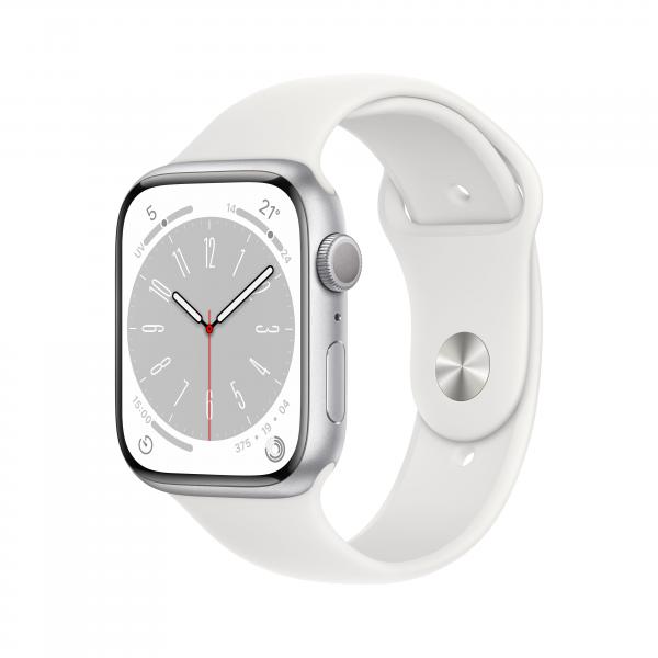 Apple watch series 8 gps cassa 45 mm in alluminio color argento con cinturino sport regular bianco