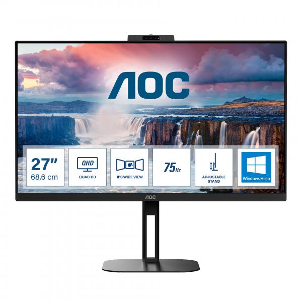 Aoc monitor da 27`` v5 q27v5cw qhd, webcam, speaker, regolabile in altezza (2560 x 1440, 75 hz, hdmi, displayport, usb-c, usb hub) nero