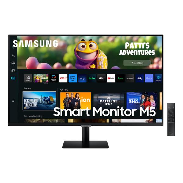 Samsung smart monitor m5 ls27cm500euxen 27`` full hd flat, piattaforma smart tv (amazon video, netflix), airplay, mirroring, office 365, wireless dex, gaming hub, altoparlanti integrati, 2x hdmi