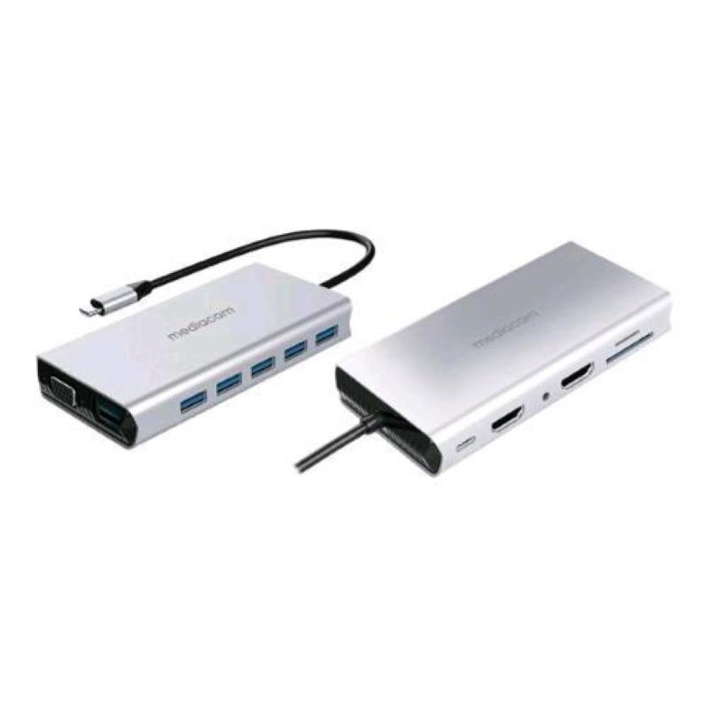 Mediacom md-c317 docking station usb-c 5 x usb-a 3.0 - 1 x usb-c power delivery 100 w - 1 x hdmi - 1 x rj-45 gigabit - 1 x jack 3.5mm audio -1 x vga d-sub hd 15 pin - 1 x sd - 1 x micro sd in aluminio