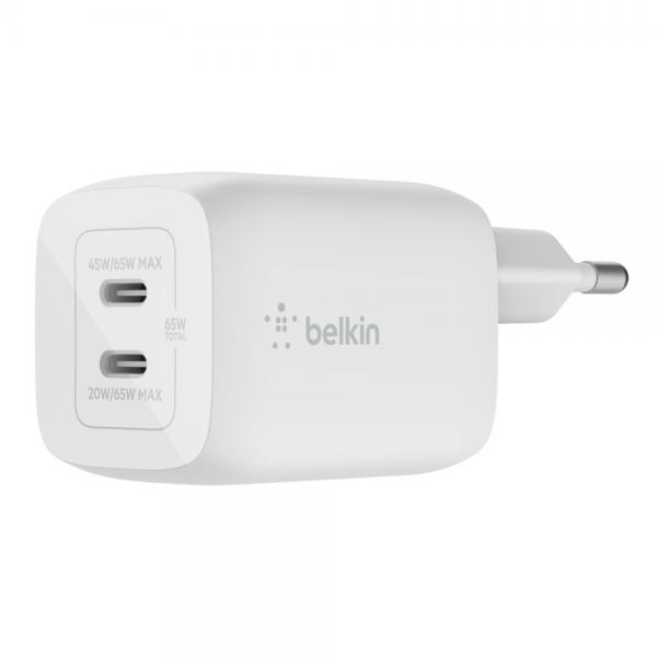 Belkin BoostCharge Pro GaN - alimentatore - Tecnologia PPS e GaN - 65 watt - Ricarica rapida, PD 3.0 - 2 porte di uscita (2 x USB-C)