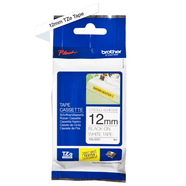 Brother TZe-S231 - Adesivo extra forte - Nero su bianco - Rotolo (1,2 cm x 8 m)