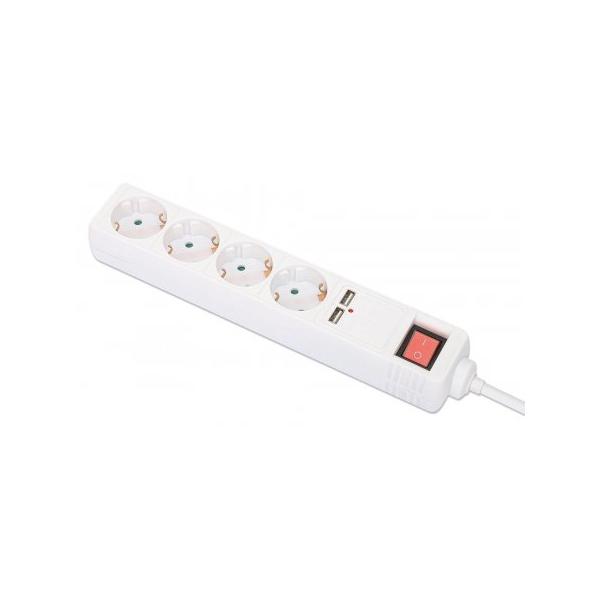 Manhattan Power Distribution Unit EU (2 pin), x4 gang/uscita e amp; x2 porte USB-A con interruttore on/off, cavo da 2 m, 16 A, bianco, prolunga, PDU, presa multipla, uscita USB-A condivisa da 2,1 A, tre anni di garanzia - presa multipla - contatto protettivo - CA 220-250 V - 36