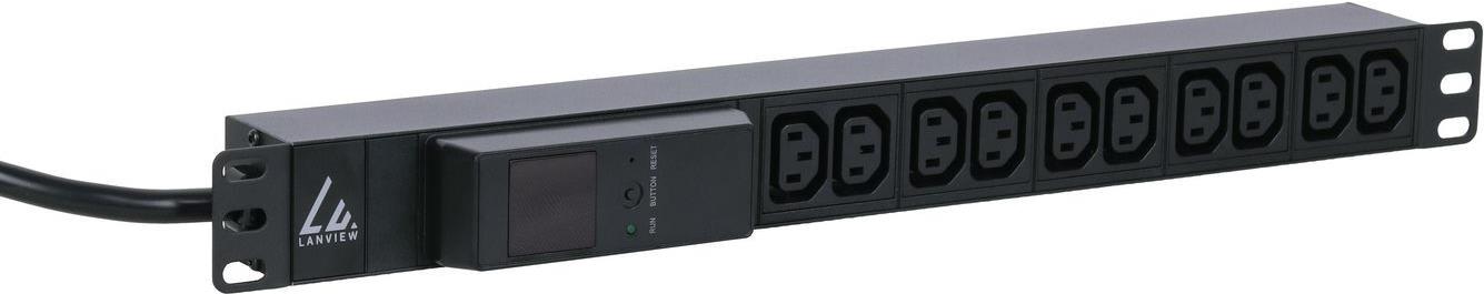 Lanview LVR261877. PDU-Typen: Messgerät, Rack-Kapazität: 1U, Typ: Einphasig. Anzahl der AC-Ausgänge: 10 AC-Ausgänge, AC-Steckertypen: C13-Koppler, Stecker: IEC 60309. Kabellänge: 3 m, Messen: AMP. Überwachung: Strom. Nominale Eingang Spannung: 230 V, Stromstärke (maximal): 16 A, Nominale Ausgang Spannung: 230 V (LVR261877)