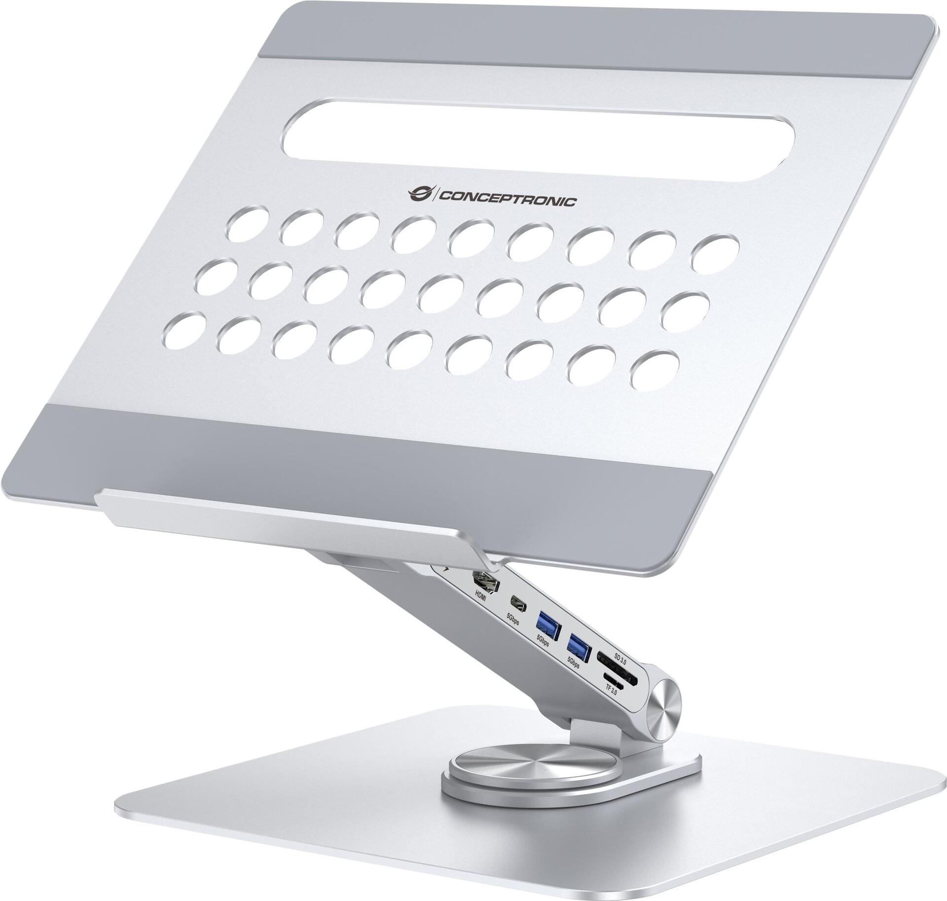 Conceptronic DONN27G Laptop-Ständer mit 7-in-1-Dockingstation - 360° drehbare Basis - faltbar - höhenverstellbar (DONN27G)