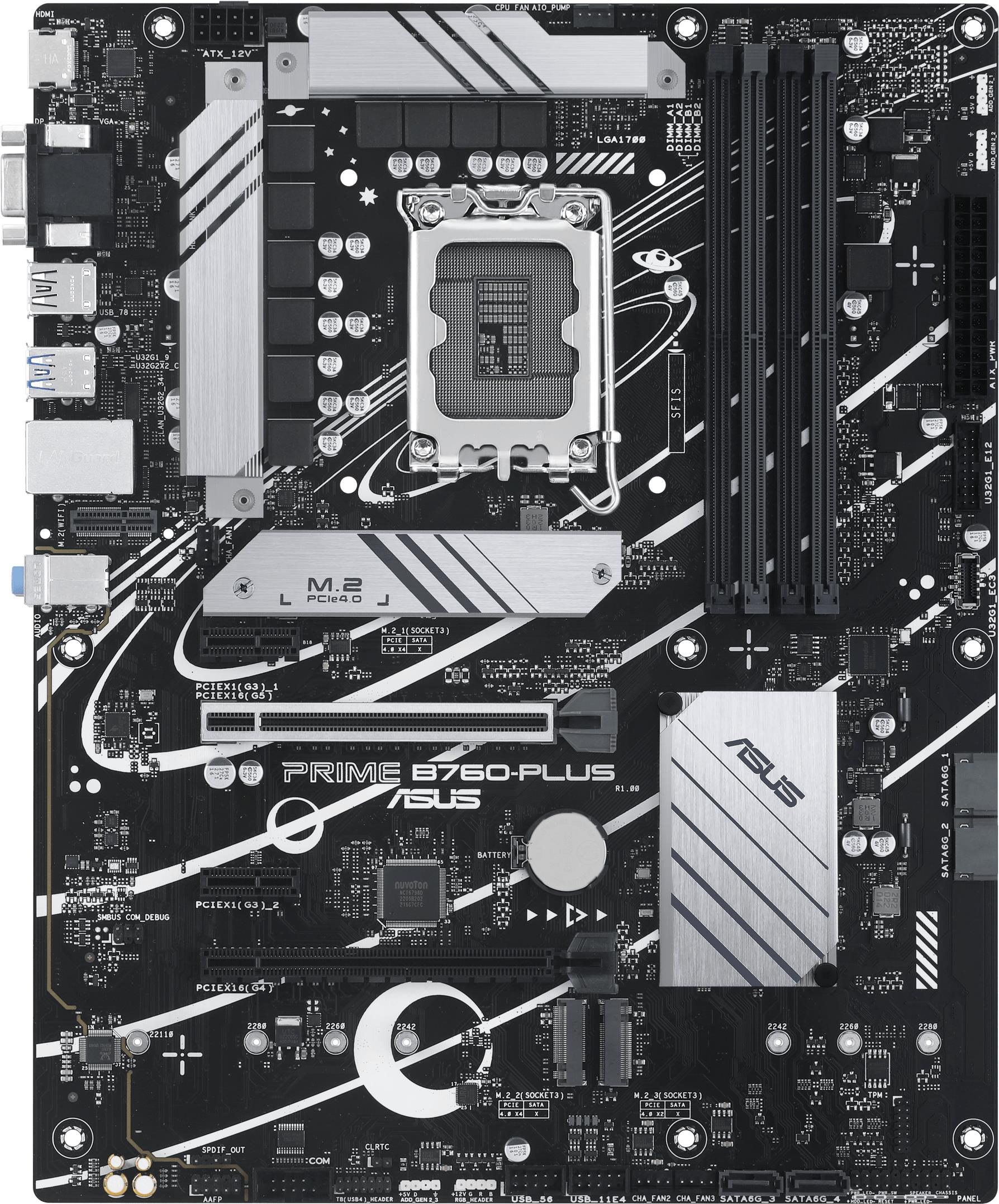 ASUS PRIME B760-PLUS - Motherboard - ATX - LGA1700-Sockel - B760 Chipsatz - USB 3,2 Gen 1, USB 3,2 Gen 2, USB4, USB-C 3,2 Gen 2x2, USB-C 3,2 Gen 1 - 2,5 Gigabit LAN - Onboard-Grafik (CPU erforderlich) - HD Audio (8-Kanal) (90MB1EF0-M1EAY0)