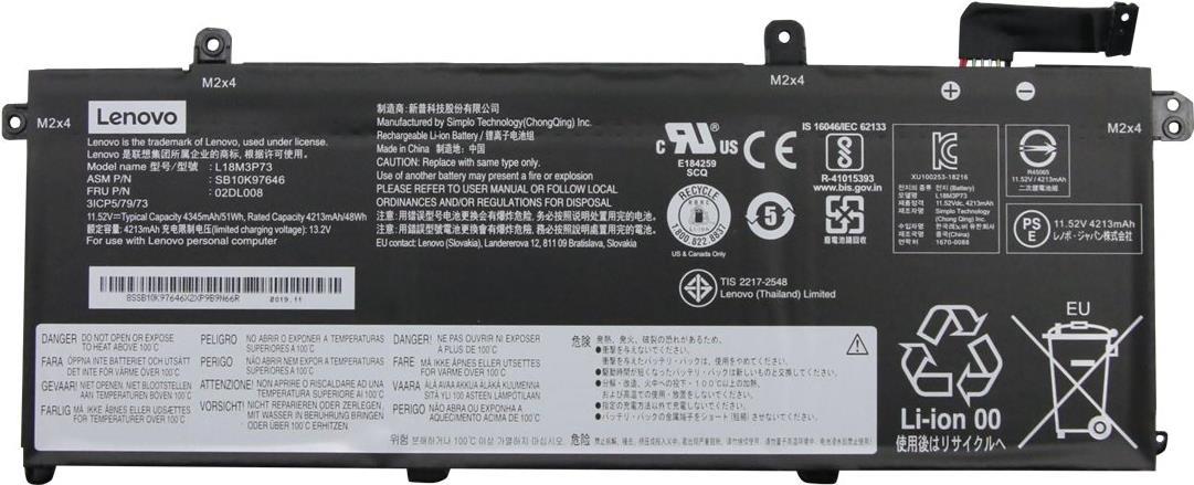 Lenovo Simplo - Laptop-Batterie - Lithium-Ionen - 3 Zellen - 4345 mAh - 51 Wh - FRU - für ThinkPad P43s 20RH, 20RJ, T490 20N2, 20N3, 20Q9, 20QH (02DL008)