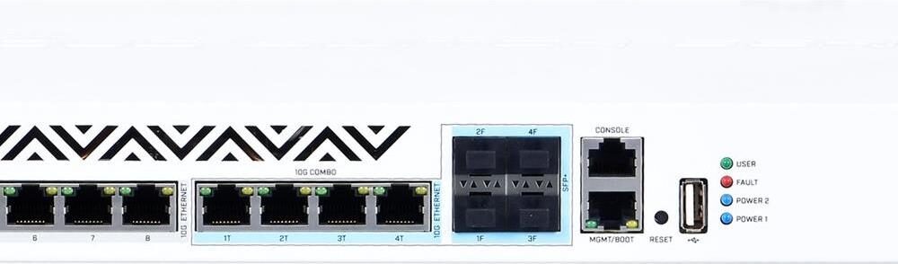 Mikrotik CRS312-4C+8XG-RM. Switch-Ebene: L3. Basic Switching RJ-45 Ethernet Ports-Typ: 10G Ethernet (100/1000/10000), Anzahl der basisschaltenden RJ-45 Ethernet Ports: 8, Anzahl USB 2.0 Anschlüsse: 1, Konsolen-Port: RJ-45. Routing-/Switching-Kapazität: 240 Gbit/s. Netzstecker: AC-in jack. Rack-Einbau, Formfaktor: 1U (CRS312-4C+8XG-RM)