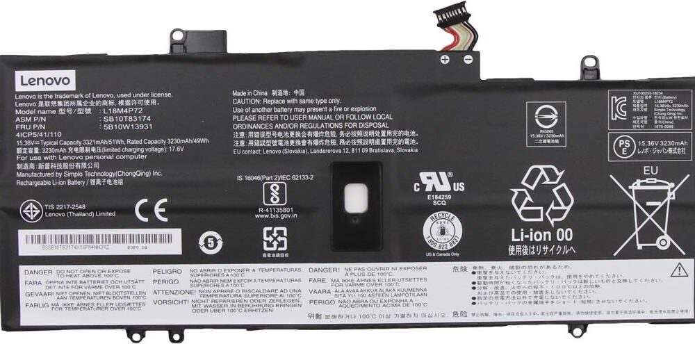Lenovo Simplo L18M4P72 - Laptop-Batterie - Lithium-Ionen - 4 Zellen - 3321 mAh - 51 Wh - FRU - für ThinkPad X1 Carbon Gen 8 20U9, 20UA, X1 Yoga Gen 5 20UB, 20UC (5B10W13931)