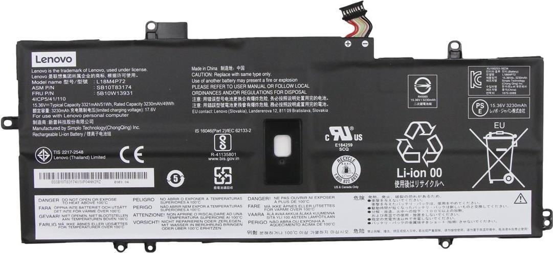 Lenovo Simplo L18M4P72 - Laptop-Batterie - Lithium-Ionen - 4 Zellen - 3321 mAh - 51 Wh - FRU - für ThinkPad X1 Carbon Gen 8 20U9, 20UA, X1 Yoga Gen 5 20UB, 20UC (5B10W13931)